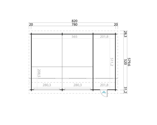 Grundrisszeichnung einer Gartenlaube mit Maßangaben
