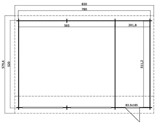 Grundrisszeichnung eines Gartenhauses mit Maßangaben
