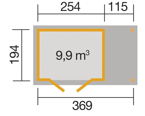 Grundriss mit Abmessungen und Volumenangabe