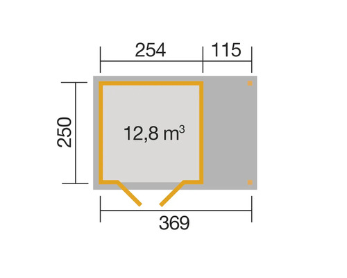 Grundrisszeichnung mit Maßangaben in Zentimetern und Volumenangabe in Kubikmetern