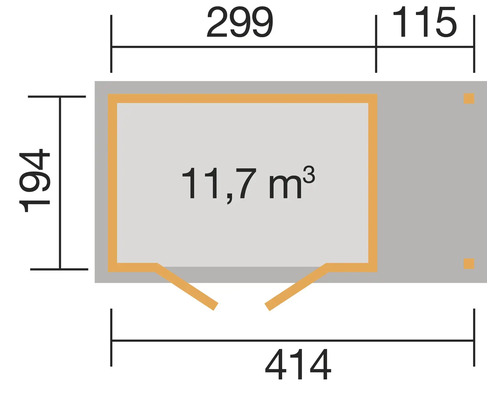 Grundriss mit Abmessungen und Volumenangabe 11,7 Kubikmeter