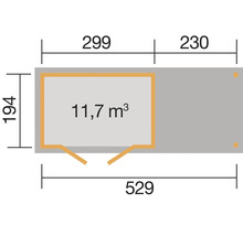 Grundrisszeichnung eines Gartenhauses mit den Maßen 529 mal 194 mal 299 mal 230 und einem Volumen von 11,7 Kubikmeter