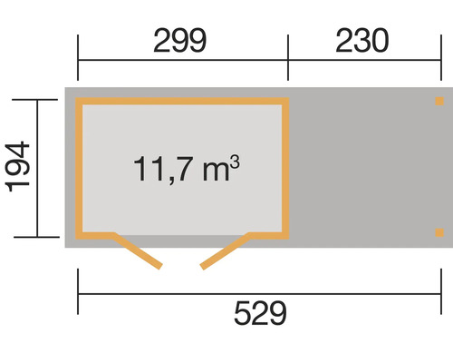 Grundrisszeichnung eines Gartenhauses mit den Maßen 529 mal 194 mal 299 mal 230 und einem Volumen von 11,7 Kubikmeter