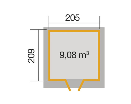 Grundriss mit Volumenangabe 9,08 Kubikmeter und Abmessungen 205 mal 209 Zentimeter
