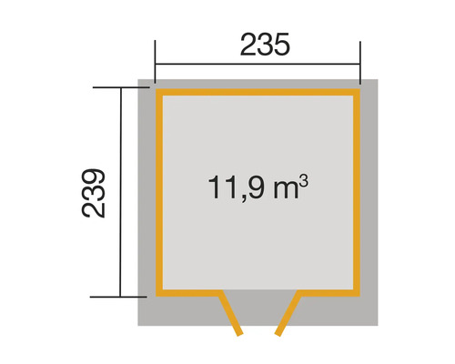 Grundriss mit den Maßen 235 x 239 cm und 11,9 Kubikmeter Rauminhalt