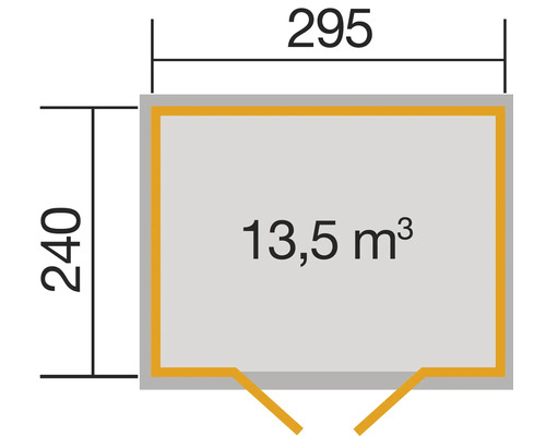 Grundrisszeichnung mit Abmessungen 295 mal 240 und einem Rauminhalt von 13,5 Kubikmetern