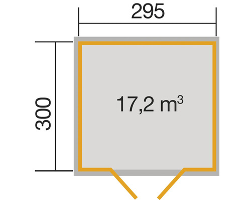 Grundriss mit Maßen 295 x 300 und Volumen 17,2 Kubikmeter