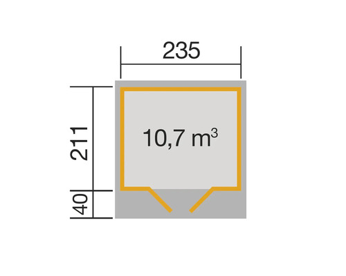 Abmessungen und Volumen eines Gartenhauses: 235 Zentimeter breit, 211 Zentimeter hoch, 10,7 Kubikmeter Volumen
