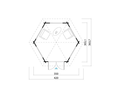 Grundriss eines Gartenhauses mit Möbeln und Maßangaben