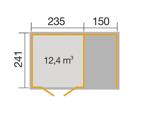 Grundriss mit den Massen 235 cm, 150 cm und 241 cm sowie der Angabe 12,4 Kubikmeter