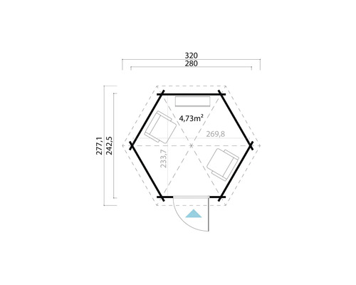 Grundriss eines Gartenhauses mit hexagonalem Design und Maßangaben