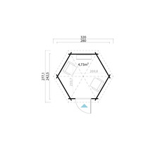 Grundriss eines Gartenhauses mit Maßen und Einrichtung