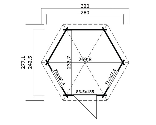 Grundriss eines sechseckigen Gartenhauses mit Maßangaben