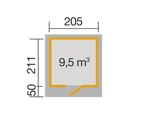 Grundriss mit Abmessungen 205 x 211 cm und 9,5 Kubikmeter Volumen