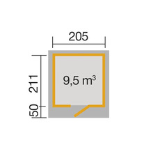 Grundriss mit den Maßen 205 mal 211 Zentimeter und einem Volumen von 9,5 Kubikmetern