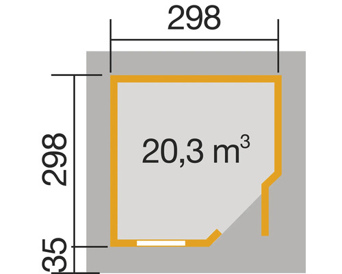 Grundriss mit Maßangaben: 298 x 298 x 35 und 20,3 Kubikmeter Rauminhalt