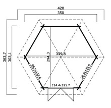 Grundrisszeichnung eines Gartenhauses mit Maßangaben