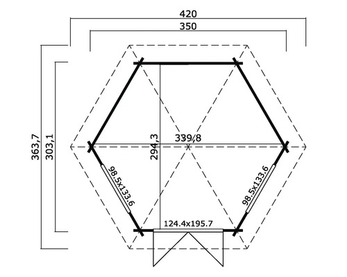 Grundrisszeichnung eines Gartenhauses mit Maßangaben