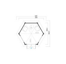 Grundriss eines Gartenhauses mit Möbeln und Maßangaben