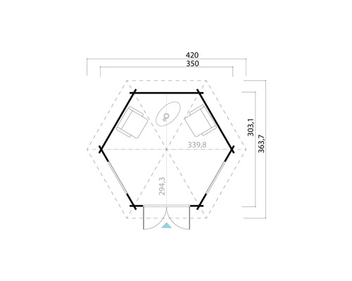 Grundriss eines Gartenhauses mit Möbeln und Maßangaben