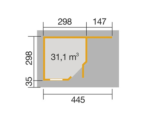 Grundriss mit den Maßen 445 mal 298 Zentimeter und einem Volumen von 31,1 Kubikmetern