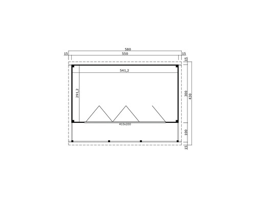 Zeichnung eines Gartenhauses mit Maßangaben