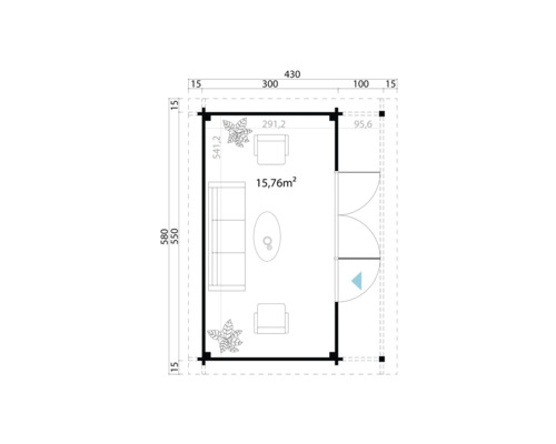 Grundriss mit Maßangaben eines Gartenhauses mit Möbeln