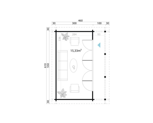 Grundrisszeichnung eines Gartenhauses mit Möbeln und Maßangaben
