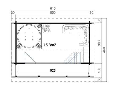 Grundrisszeichnung eines Gartenhauses mit Whirlpool und Sitzecke, Maße in Zentimeter