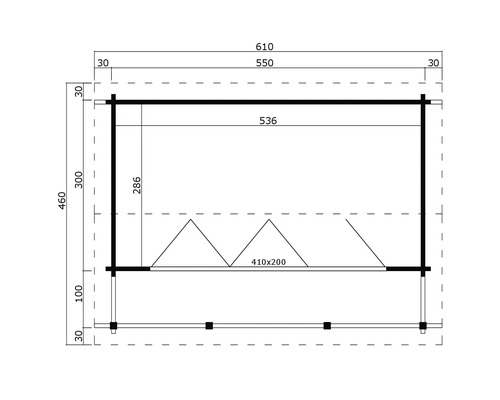 Grundrisszeichnung eines Gartenhauses mit Maßangaben
