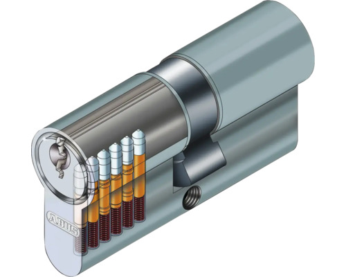 Illustration eines Zylinderschlosses mit sichtbarem Innenleben und ABUS Logo