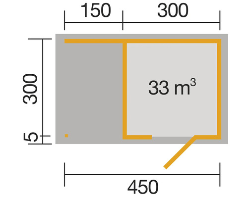 Grundriss mit Abmessungen 450 x 300 x 150 cm und 33 Kubikmeter Rauminhalt