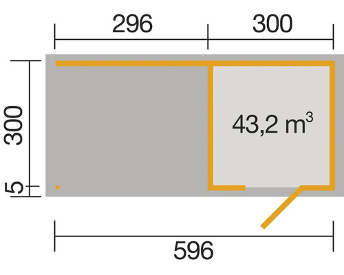 Grundriss mit Größenangaben in Zentimetern und Kubikmetern