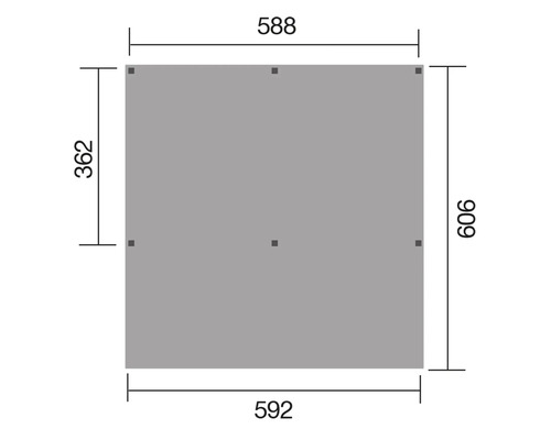 Technische Zeichnung eines rechteckigen Bauelements mit Maßangaben in Millimeter