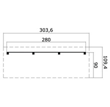Technische Zeichnung eines Regals mit den Maßen 303,6 x 109,4 x 90 Millimeter