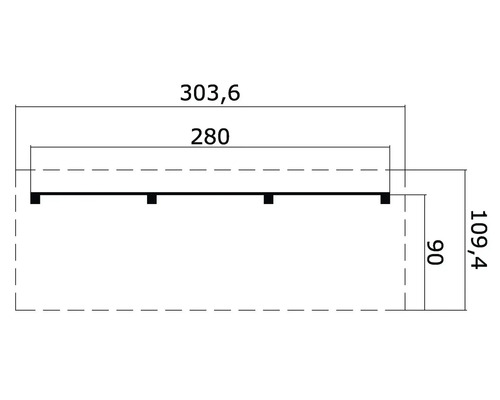 Technische Zeichnung eines Regals mit den Maßen 303,6 x 109,4 x 90 Millimeter