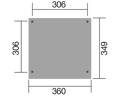 Quadratische Platte mit Maßangaben 306, 349 und 360