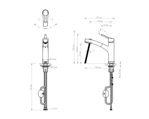 Technische Zeichnung einer Armatur mit Maßangaben