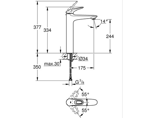 Maßzeichnung einer Armatur mit Höhenangaben
