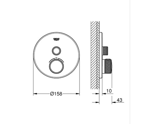 Technische Zeichnung eines Grohe Thermostats mit Maßen