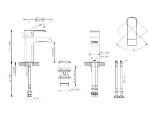Technische Zeichnung eines Wasserhahns mit Maßangaben
