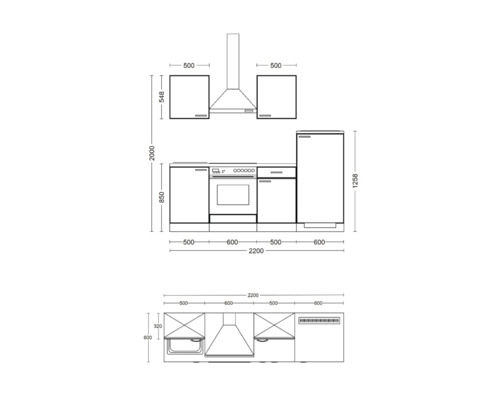 Skizze einer Küchenzeile mit Maßen.