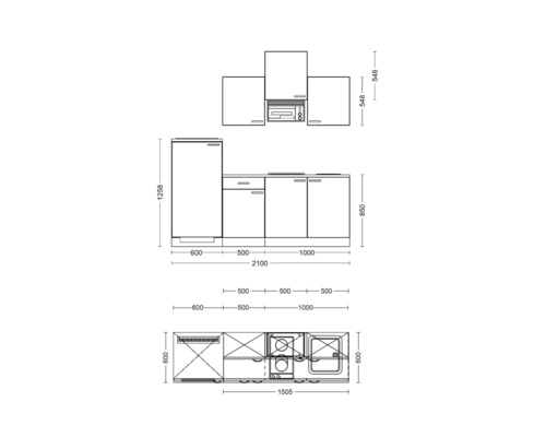 Skizze einer Küchenzeile mit Maßangaben