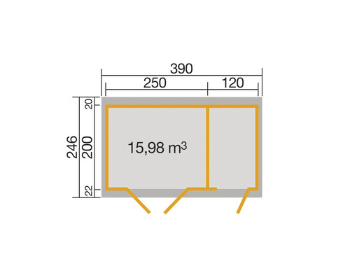 Grundrisszeichnung eines Gartenhauses mit Maßangaben