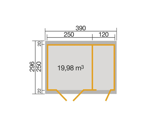 Grundrisszeichnung mit Abmessungen des Gartenhauses