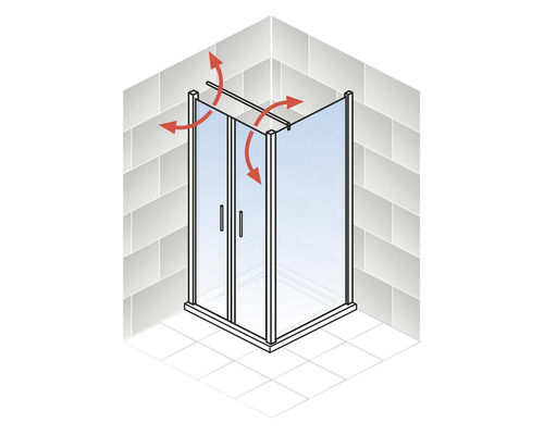 Eckdusche mit Schwenktüren und roten Pfeilen zur Darstellung der Bewegung