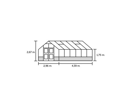 Abbildung eines Gewächshauses mit Maßangaben.