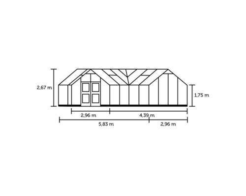 Technische Zeichnung eines Gewächshauses mit Maßangaben