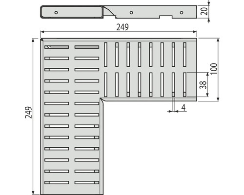 Technische Zeichnung eines Eckstücks mit den Maßen 249 x 249 mm, 100 mm Breite und 20 mm Höhe.