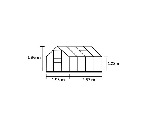 Technische Zeichnung eines Gewächshauses mit Maßangaben: Höhe 1,96 Meter, Seitenhöhe 1,22 Meter, Tiefe 1,93 Meter und Länge 2,57 Meter.